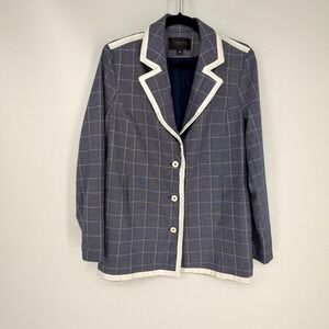 Carlisle Collection Blazer Womens 4 Blue Plaid Contrast Trim Preppy Professional